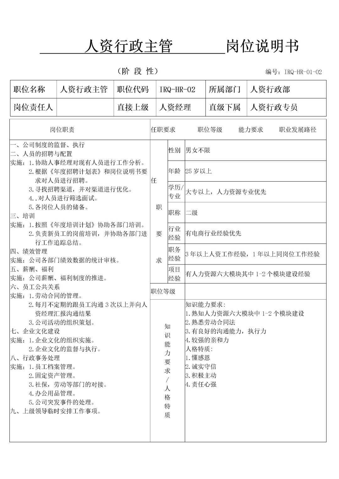 人力资源-人事行政经理岗位职责及团队运营