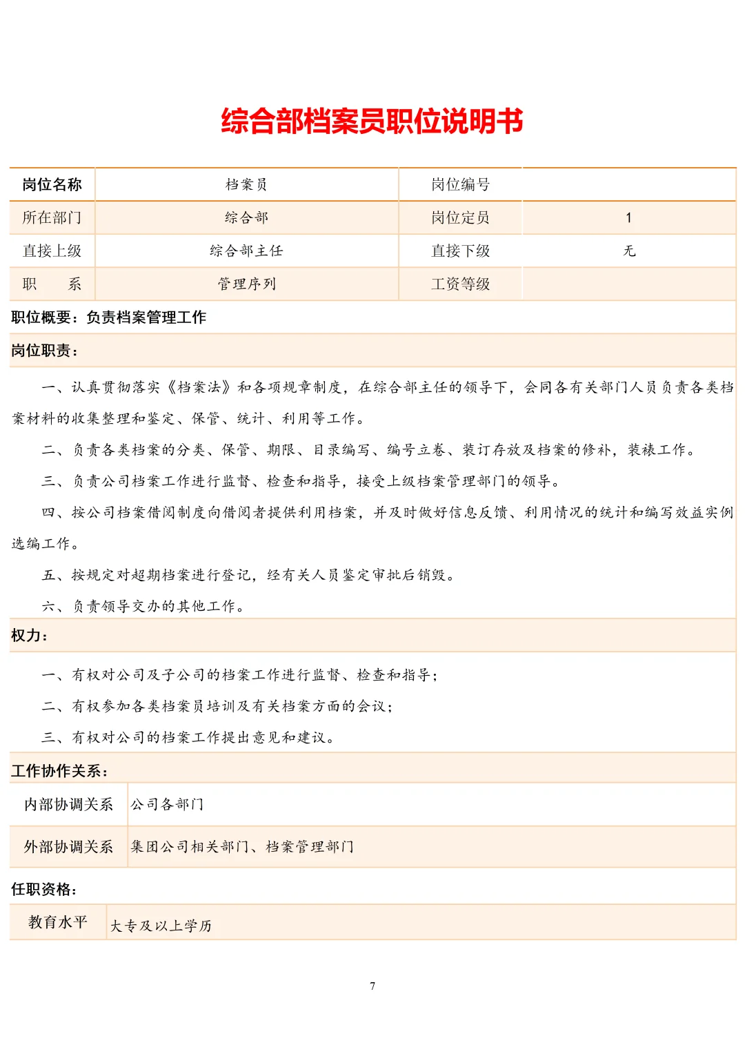 综合管理部各岗位说明书