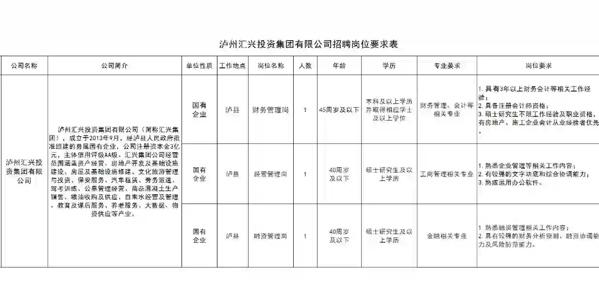 泸州汇兴投资集团有限公司招聘公告