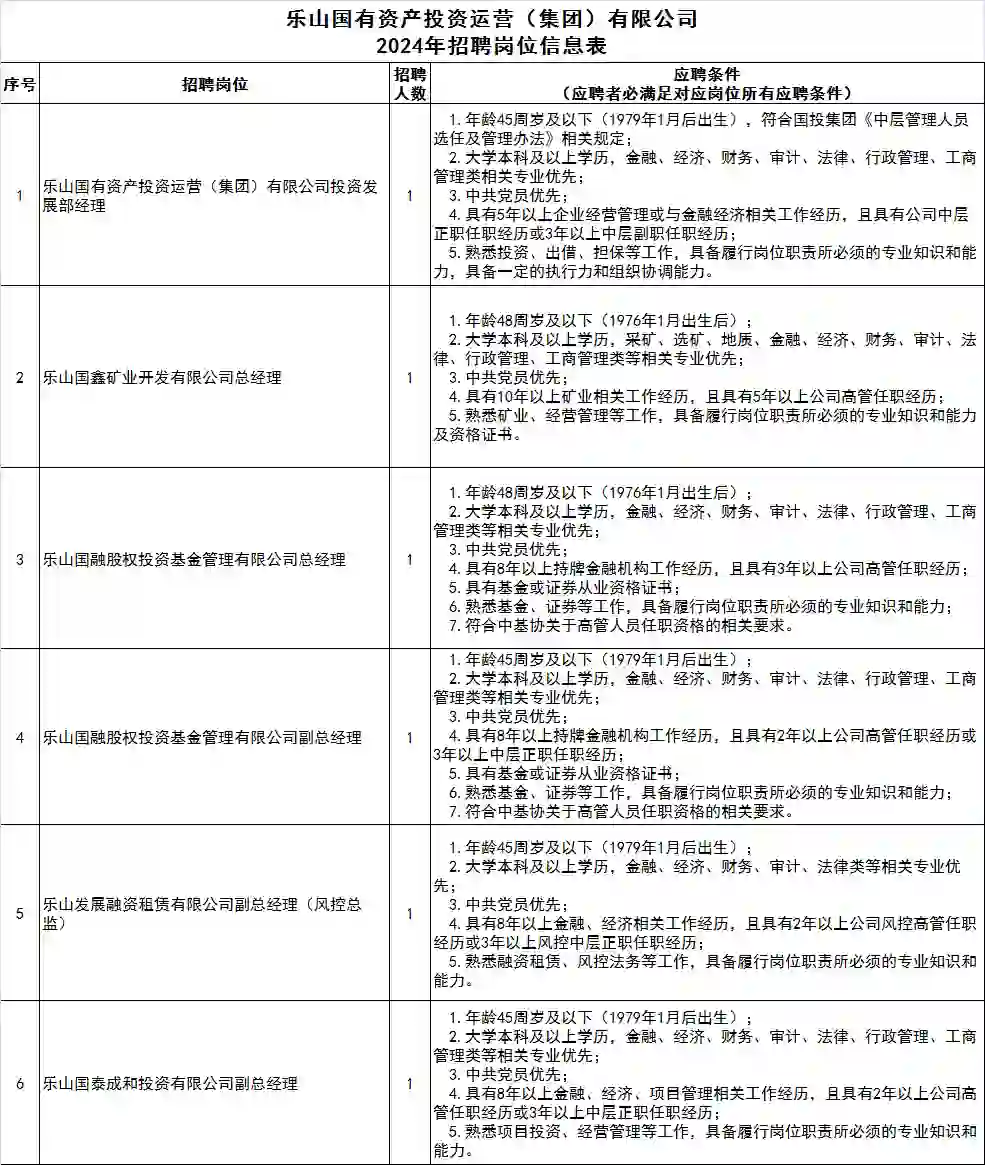 乐山国有资产投资运营有限公司招聘！