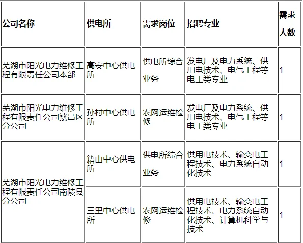 芜湖市阳光电力维修工程公司招聘9人公告