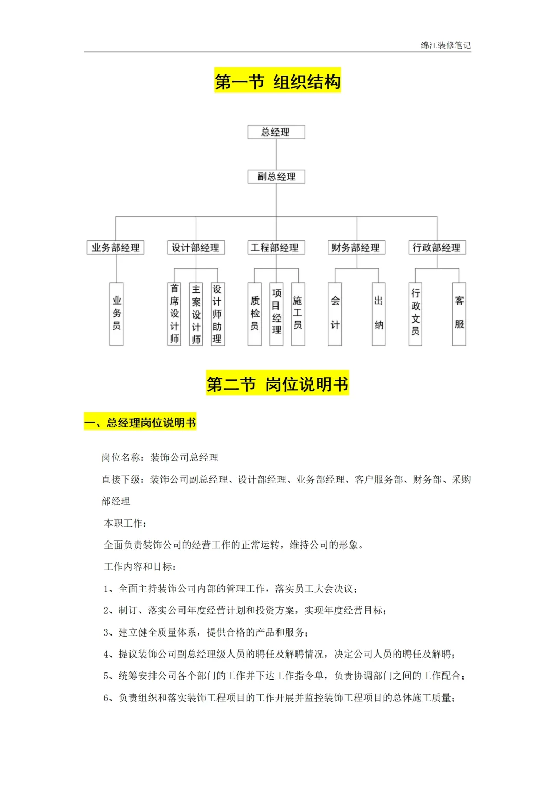 装饰装修公司岗位职责人员管理制度标准模板