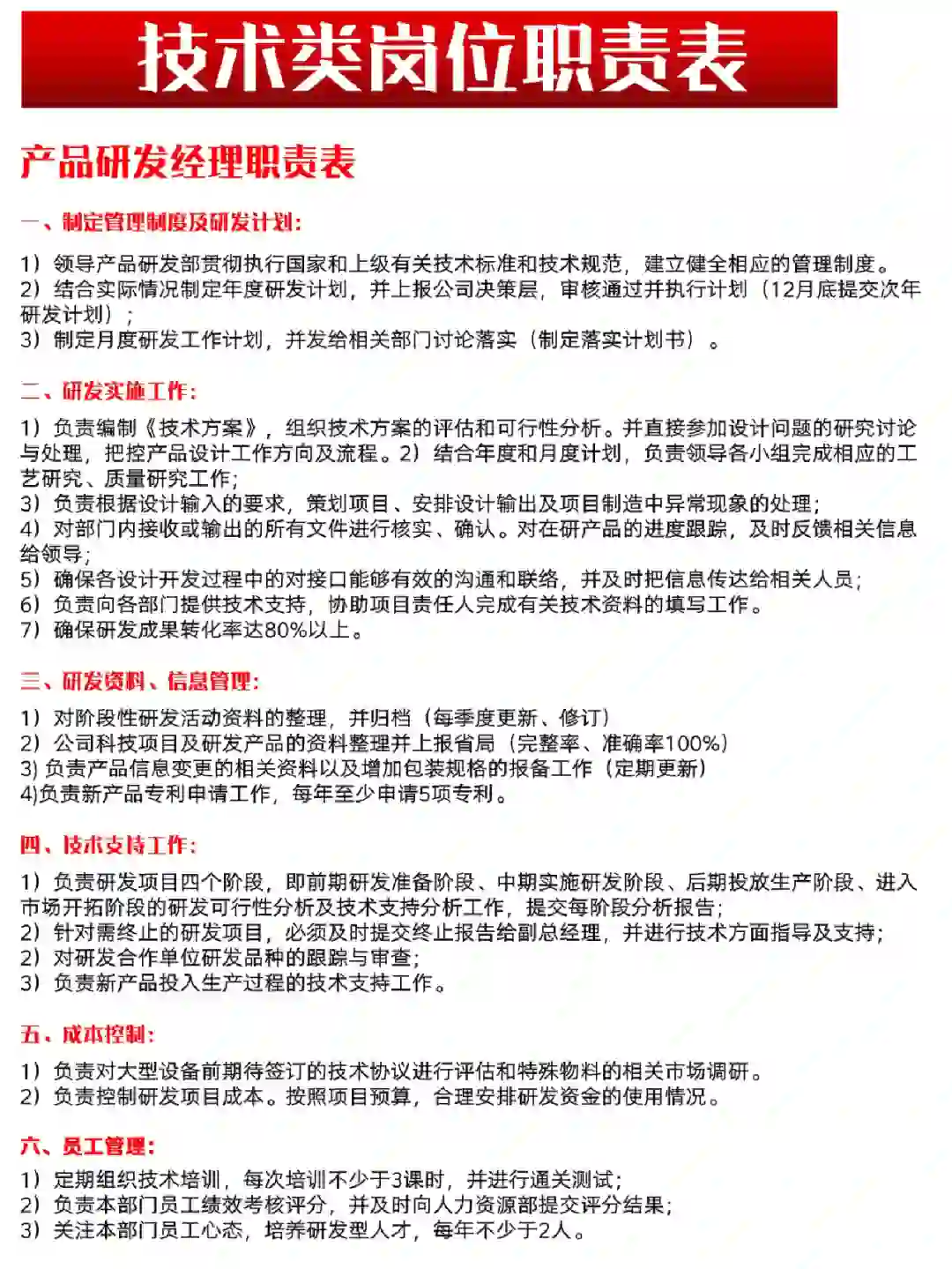 【技术类岗位职责表】