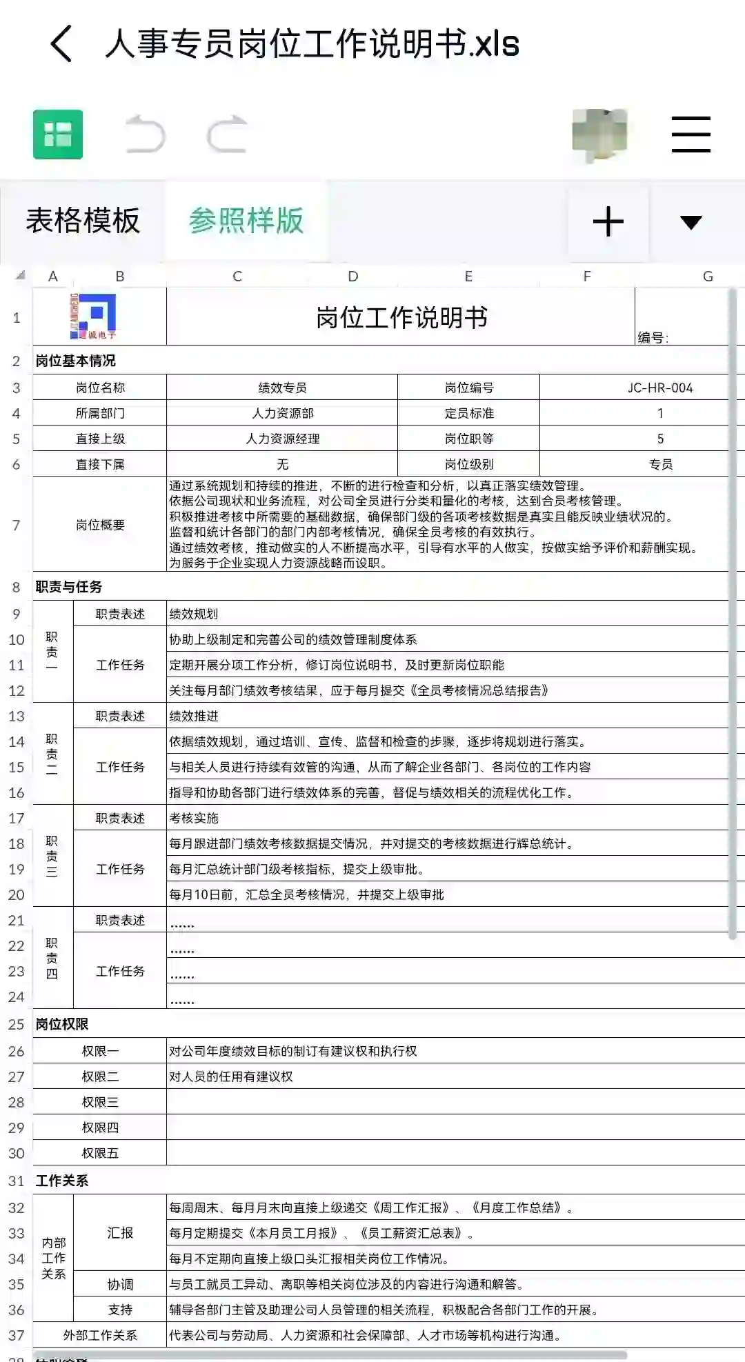 人事专员岗位说明书