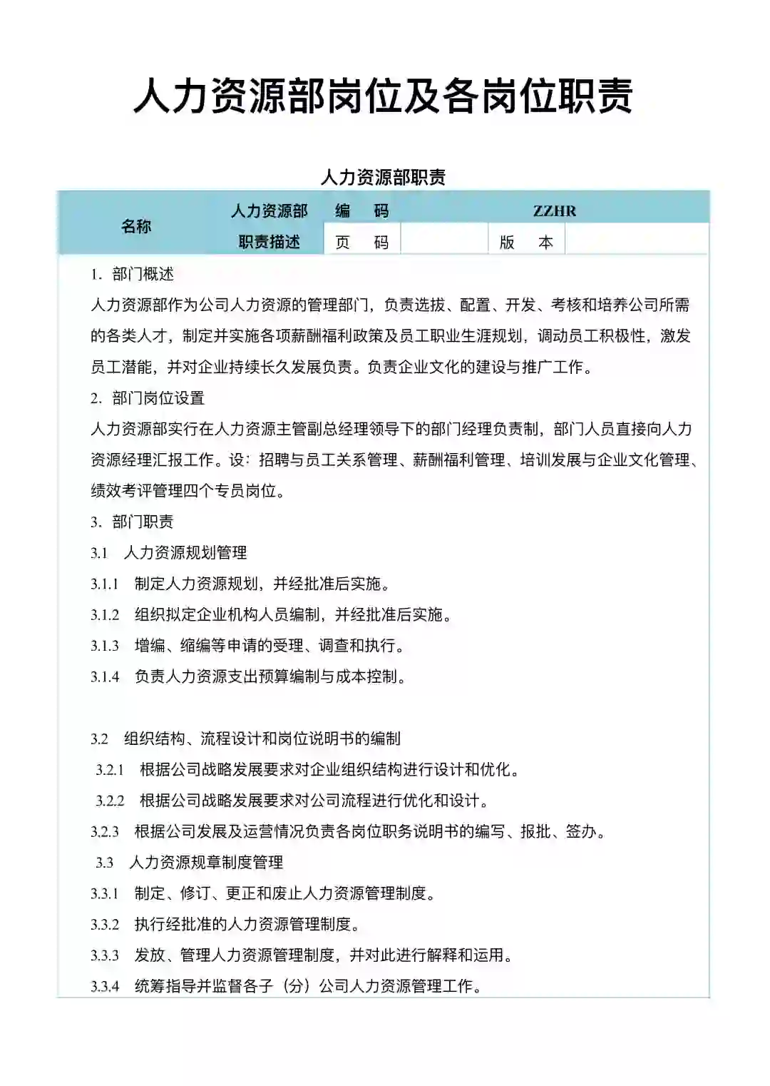 人力资源部岗位及各岗位职责