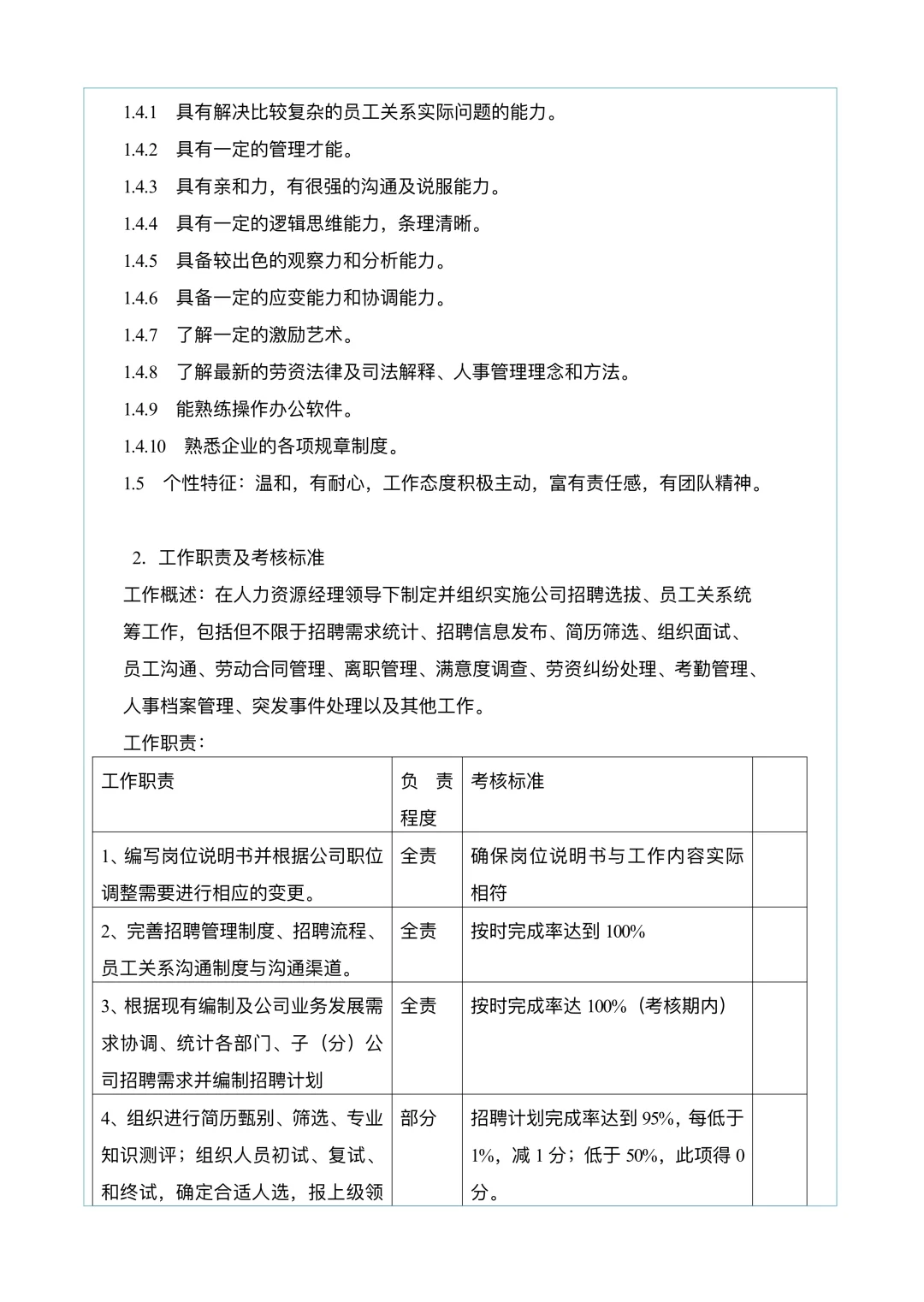 人力资源部岗位及各岗位职责