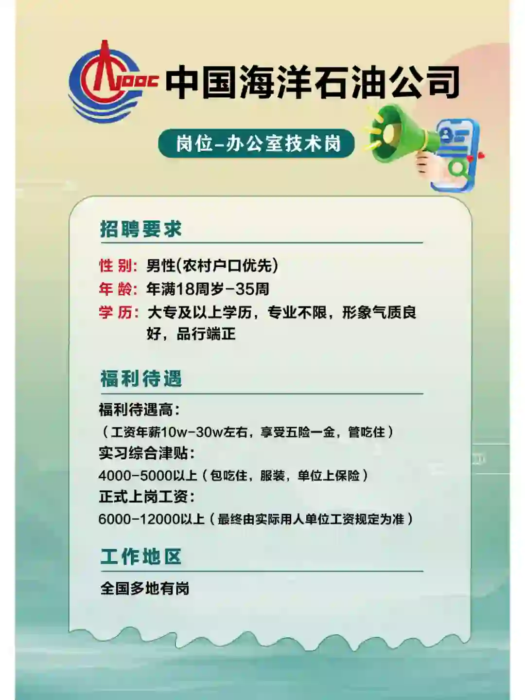 中海油10.1全面招人 正式工 往届生都能进～