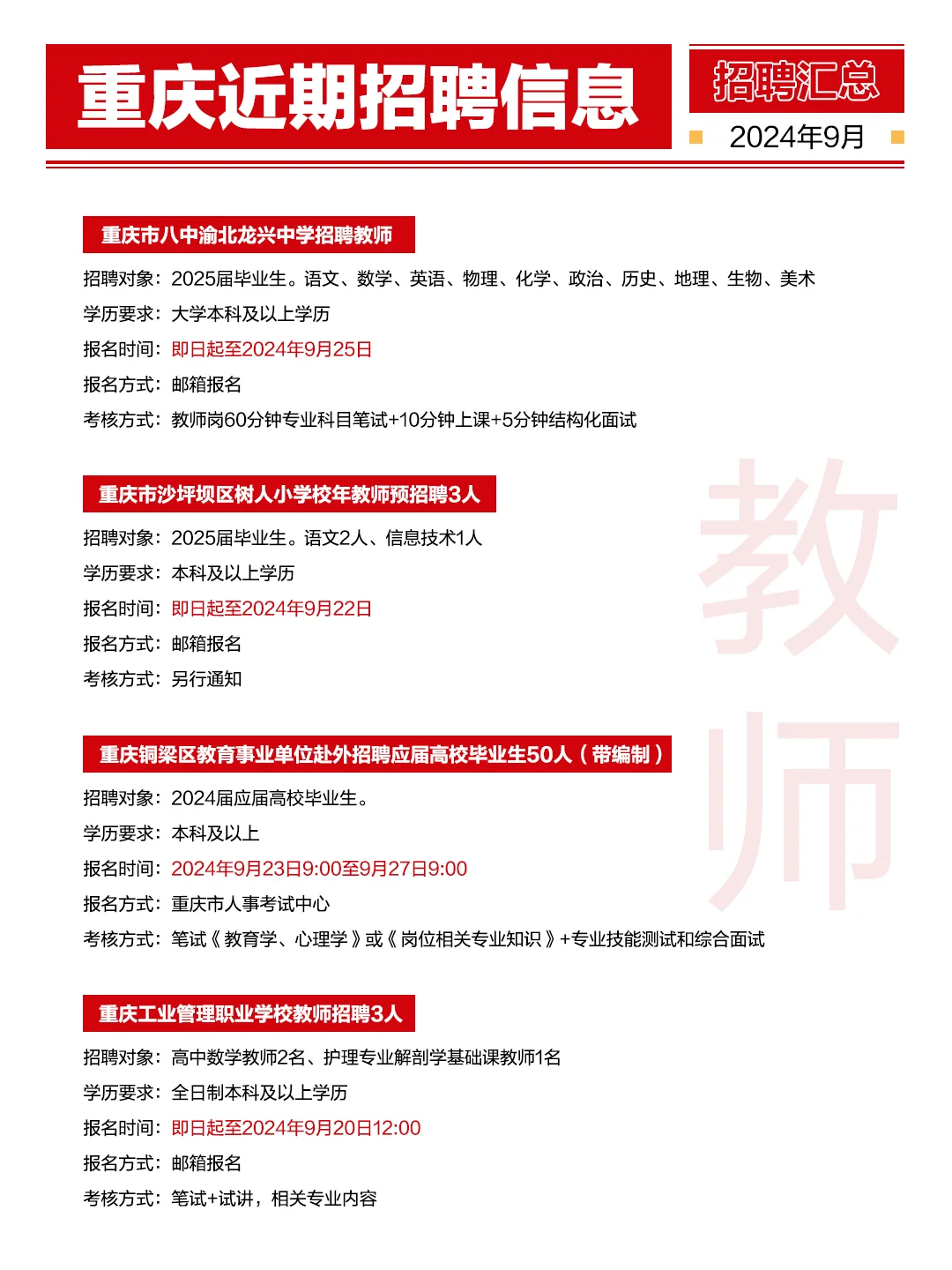 重庆近期招聘信息汇总，国企/教师/遴选皆有