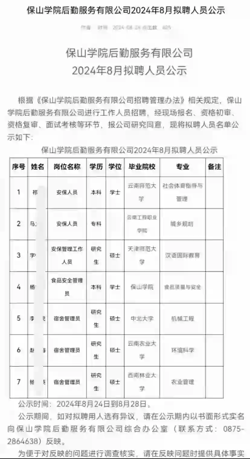 3名硕士被聘二本保山学院无编制宿舍管理员