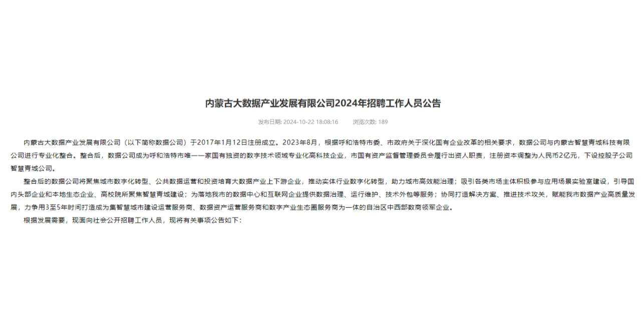 内蒙古大数据产业发展有限公司招聘工作人员