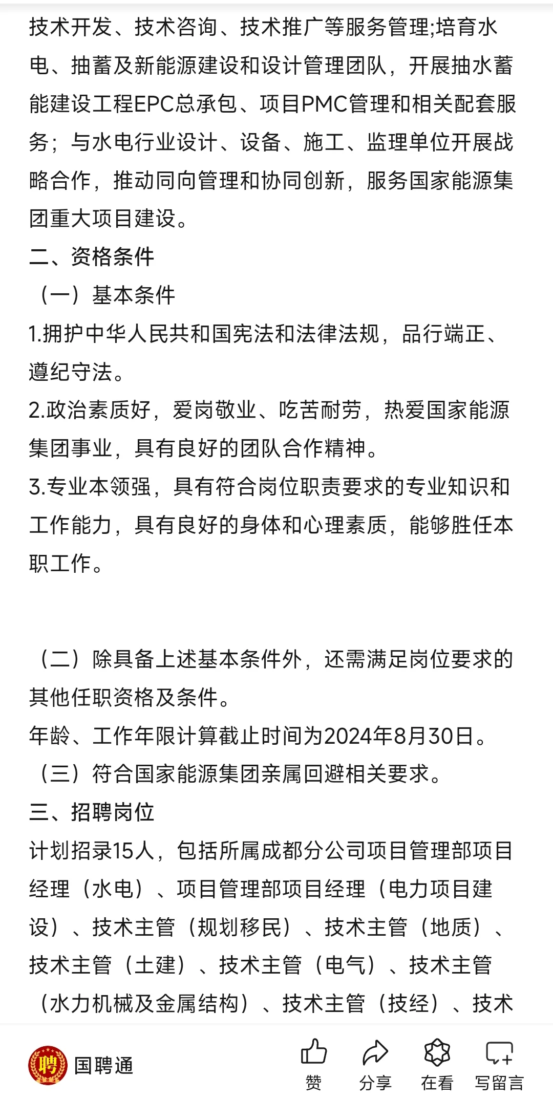 国能电力工程管理有限公司社会招聘公告