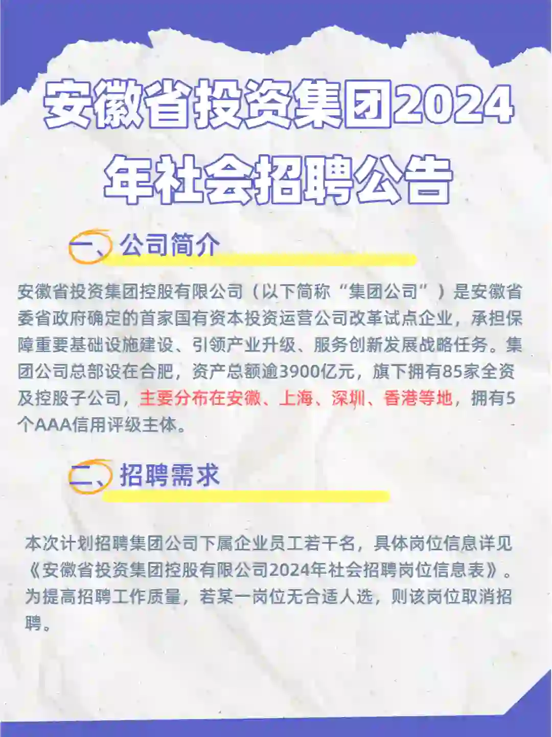 安徽省投资集团2024年社会招聘公告！