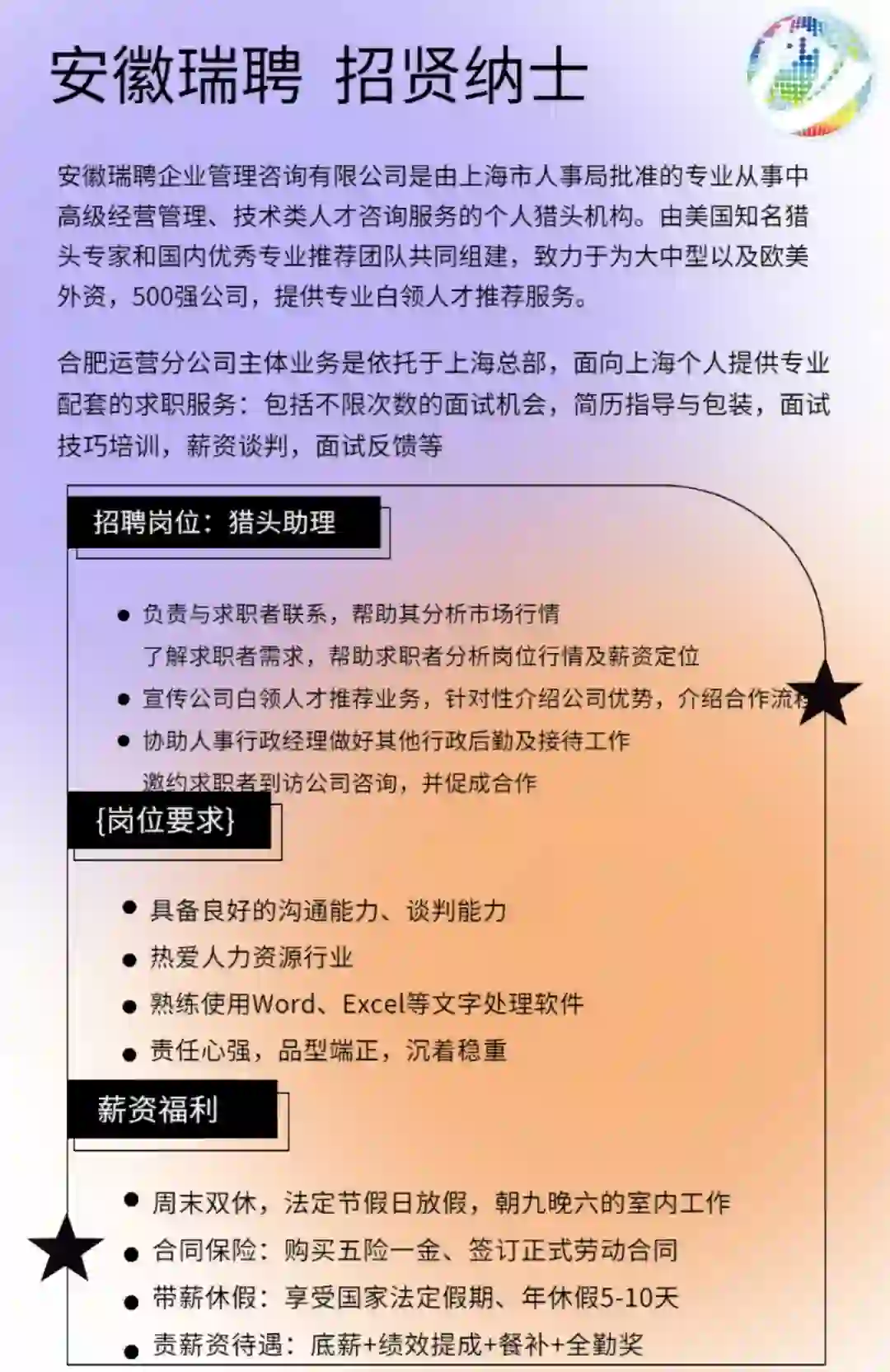 招聘:合肥双休不加班的工作