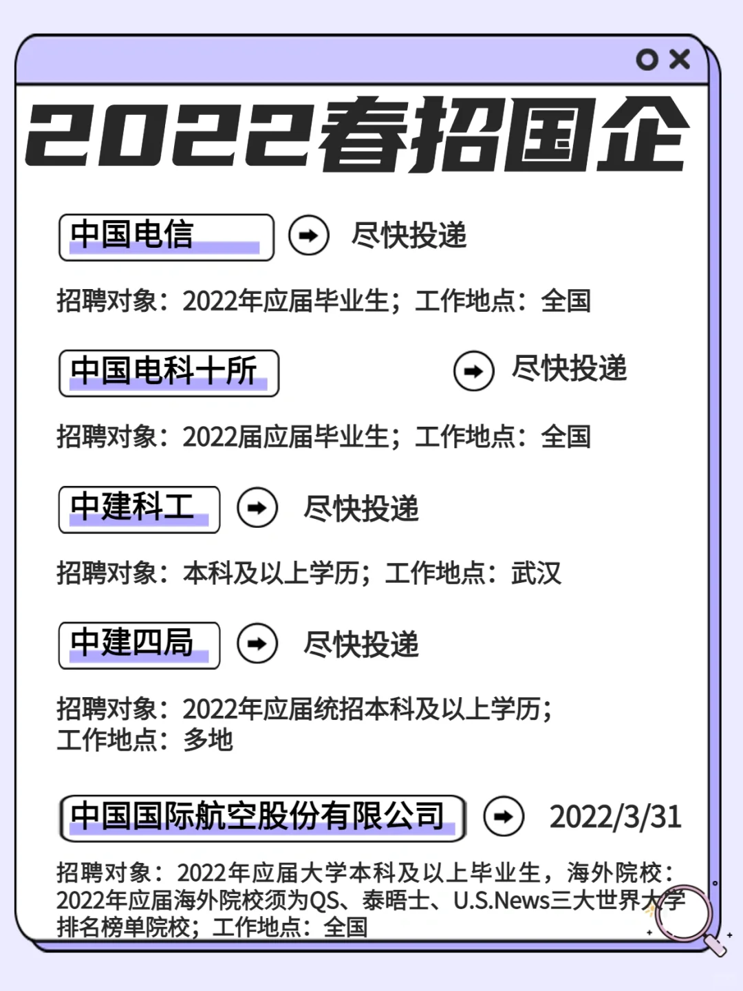 💡2022年春招✅国企招聘合集 应届生投递