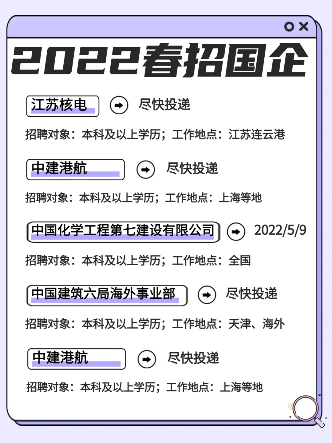 💡2022年春招✅国企招聘合集 应届生投递