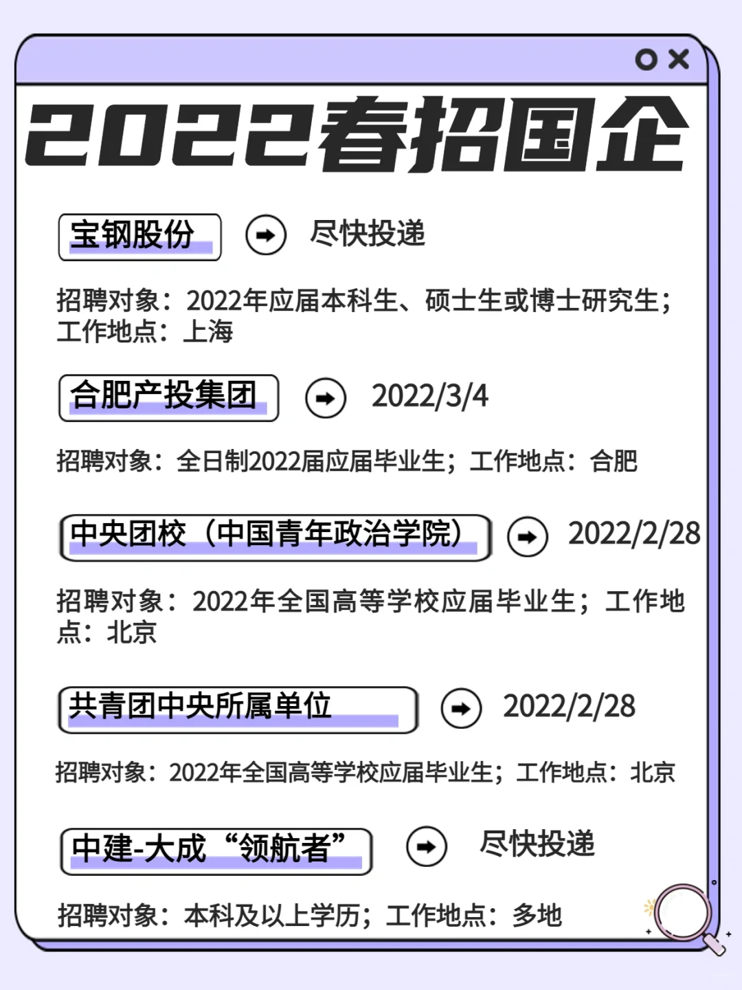 💡2022年春招✅国企招聘合集 应届生投递
