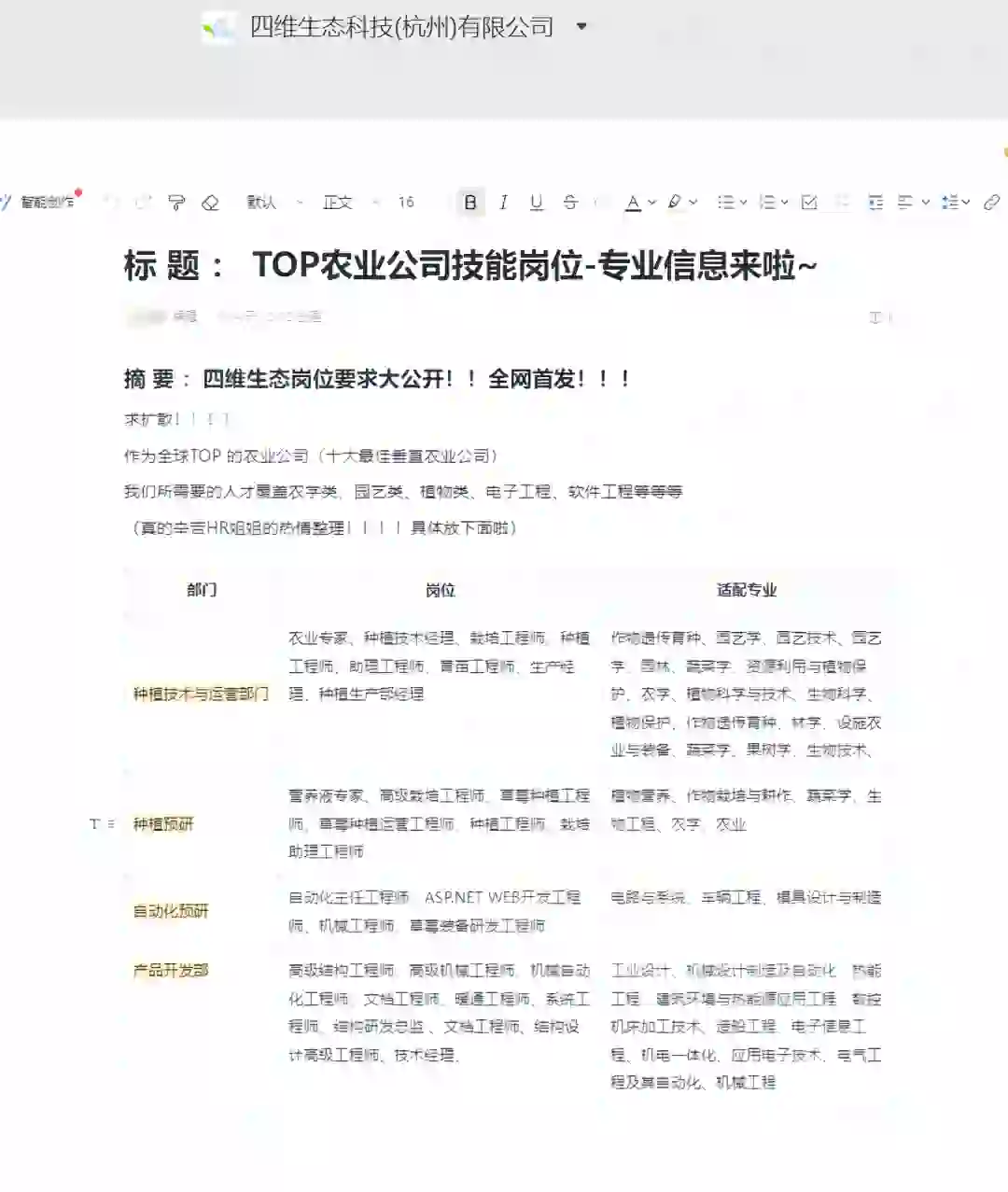 大家蹲的Top 农业公司岗位信息来啦～