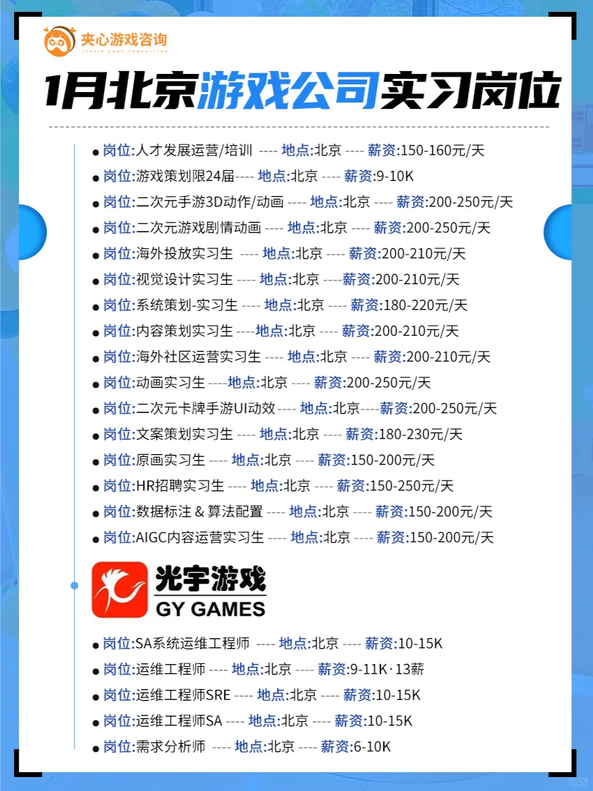 一月北京游戏公司岗位汇总！最新招聘机会！