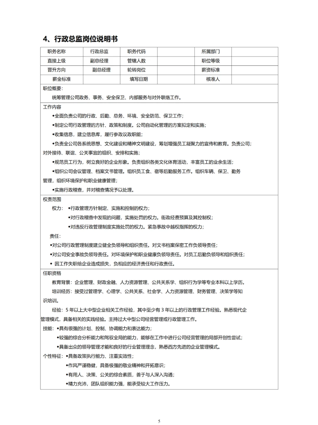 公司各岗位岗位说明书