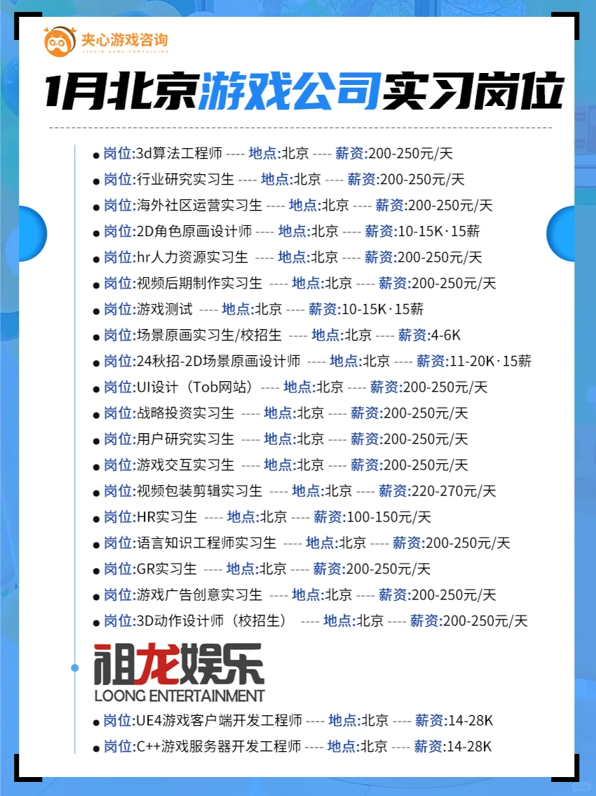 一月北京游戏公司岗位汇总！最新招聘机会！