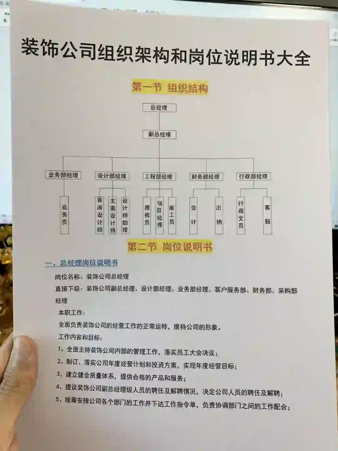 装饰公司组织架构和各岗位说明书（发电子版