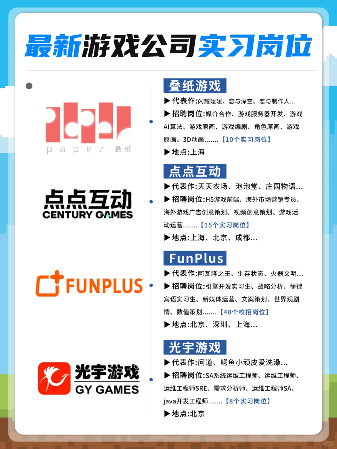 最新游戏公司实习岗位大汇总，不容错过！