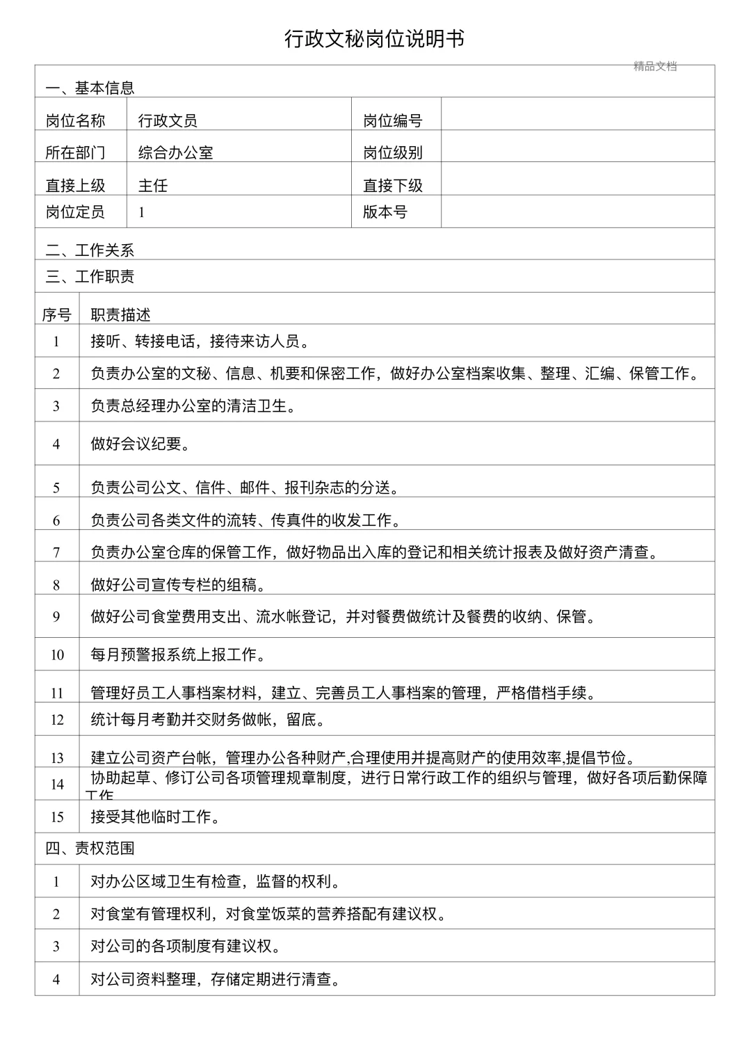 综合办公室各岗位职责