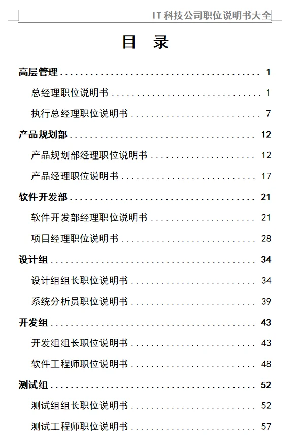 IT科技公司职位说明书大全