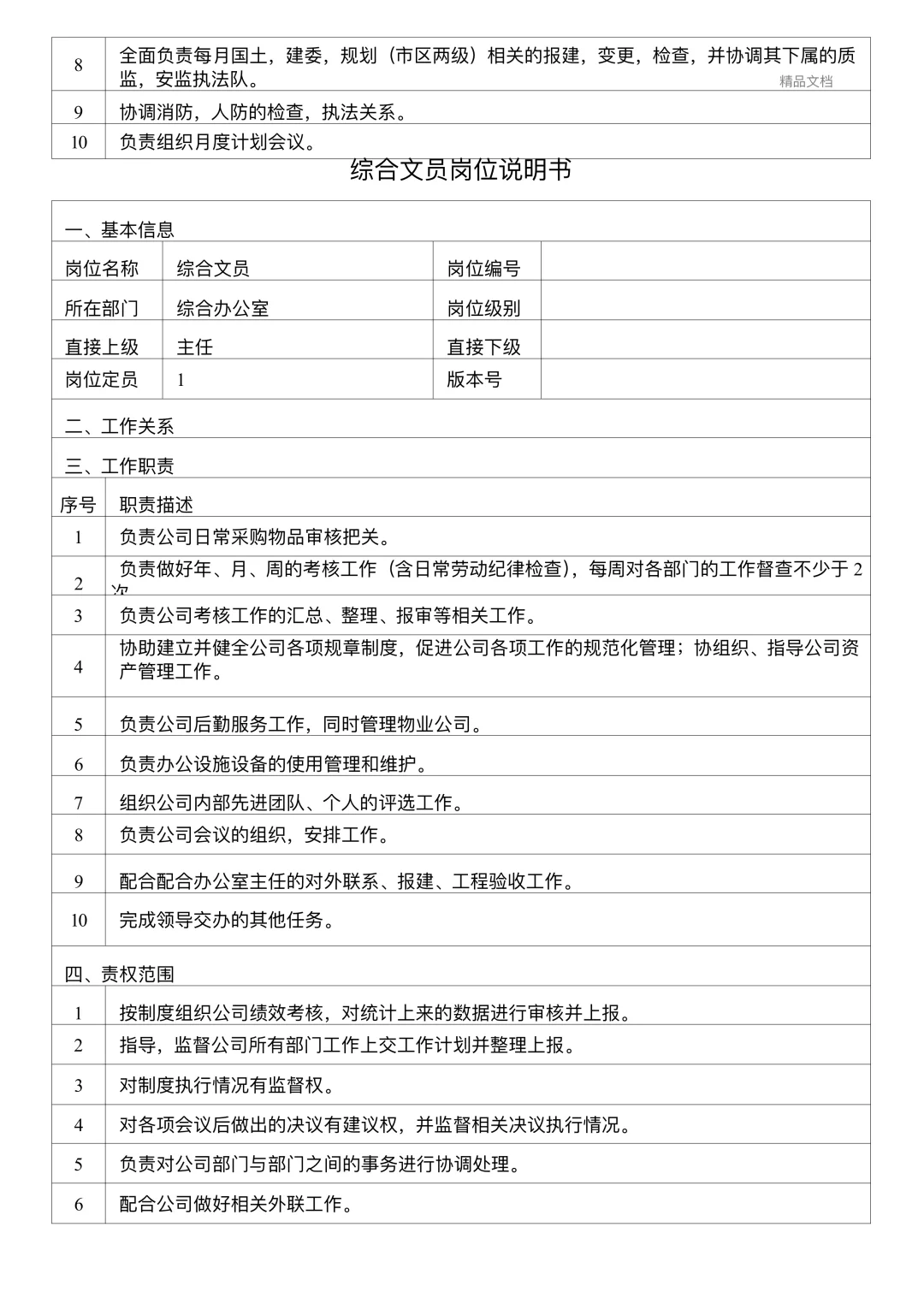 综合办公室各岗位职责