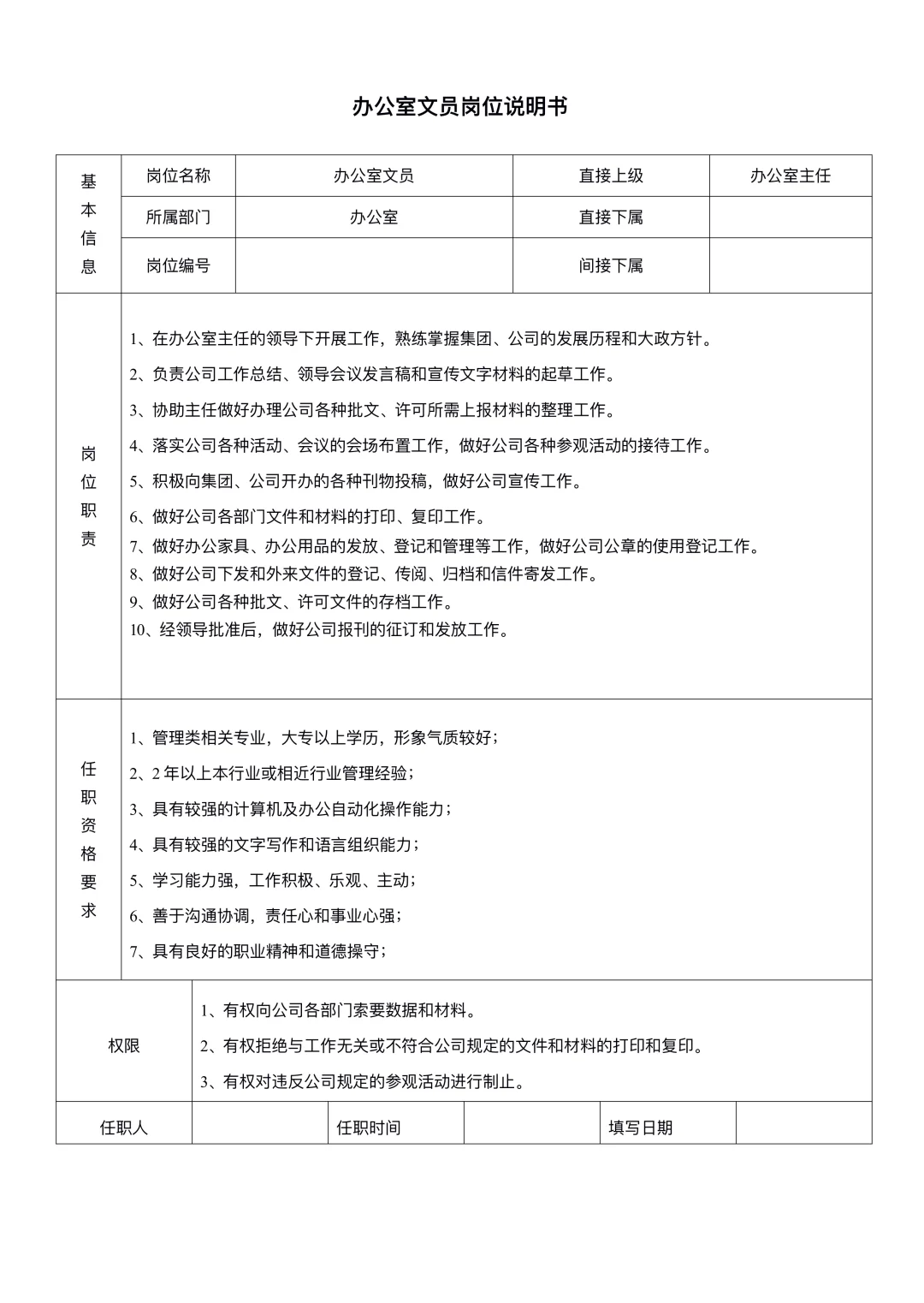 中小企业岗位职责说明书