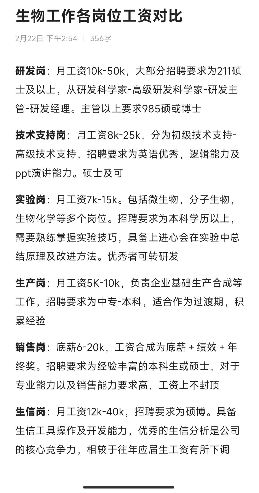 生物工作各岗位工资上下限直观对比