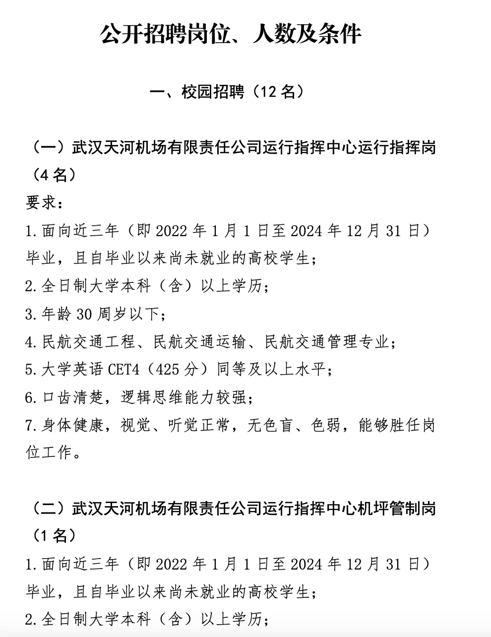 大专起报 ! 武汉天河机场公开招聘19人