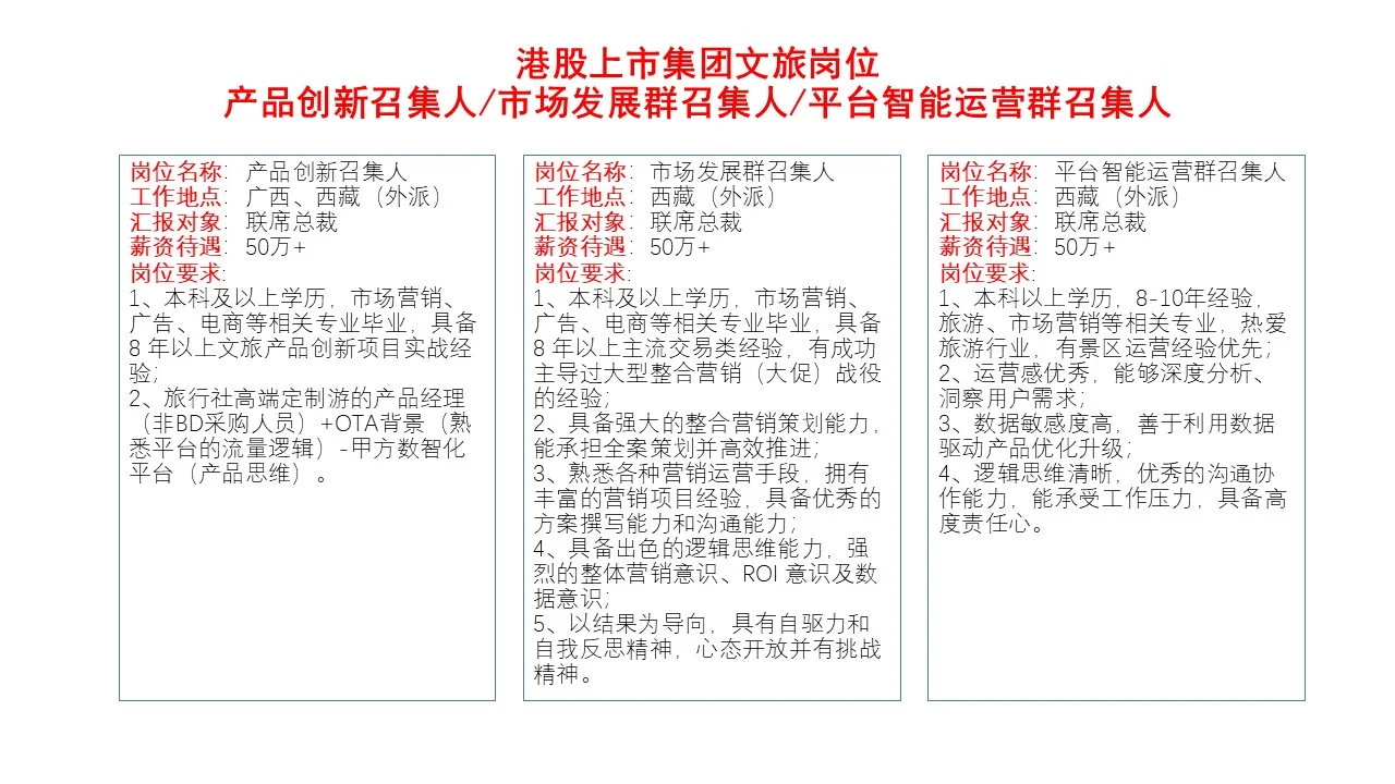 港股公司聘文旅业务相关负责人，待遇 50 万+