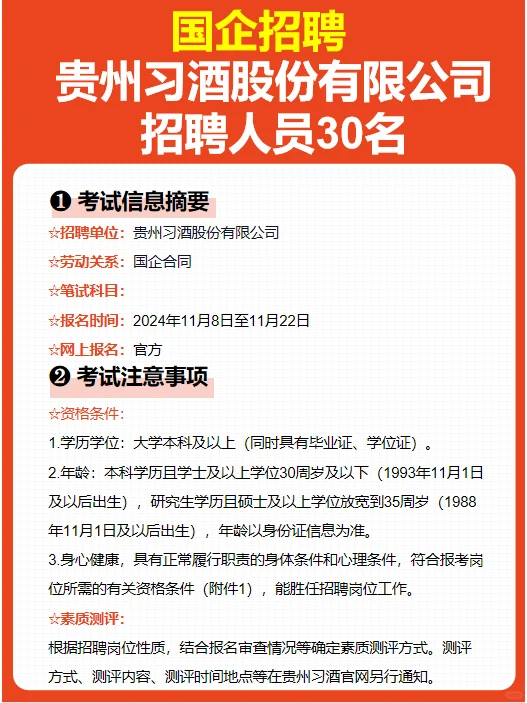 【国企】贵州习酒招聘人员30名
