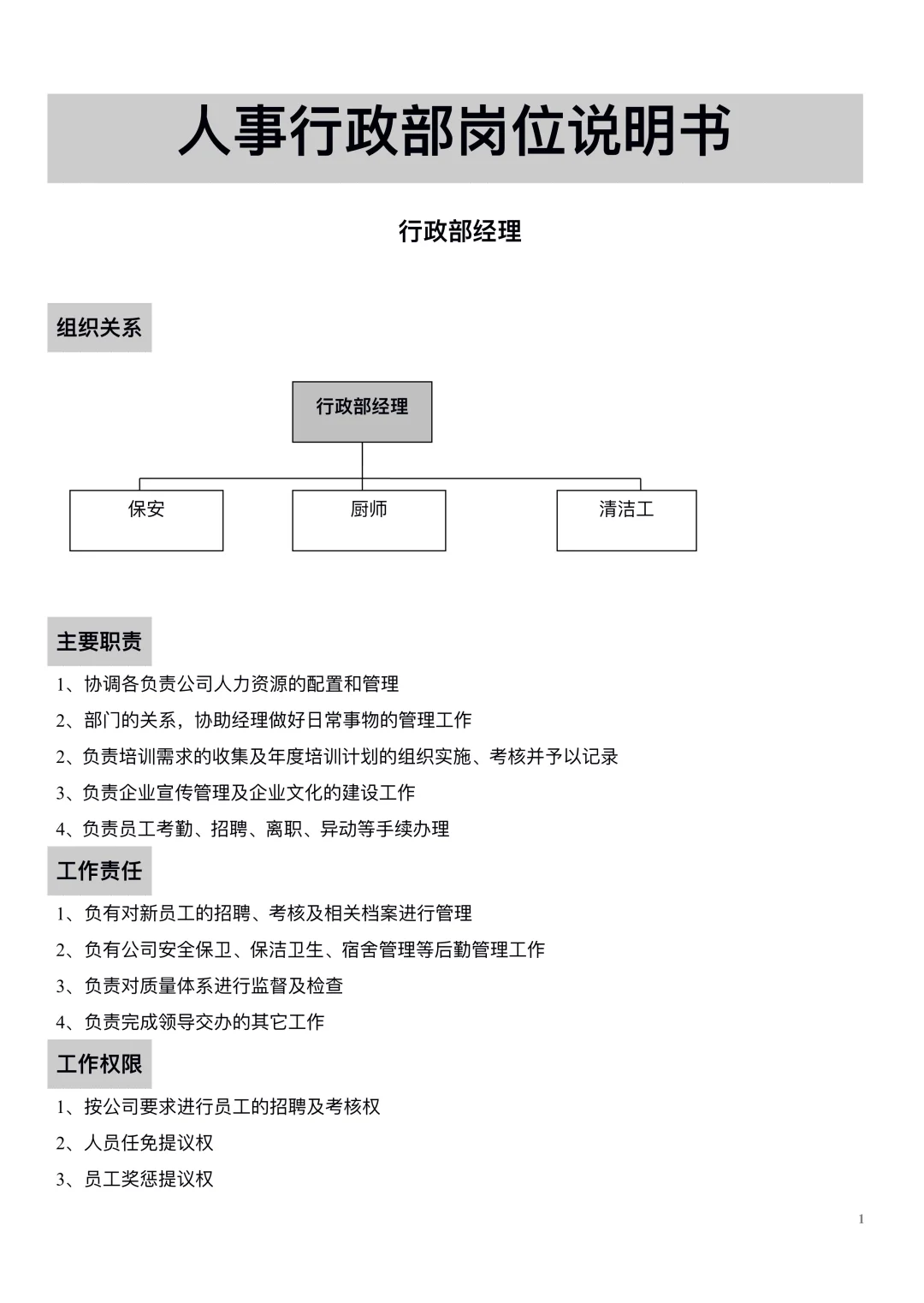 人事行政部岗位职责