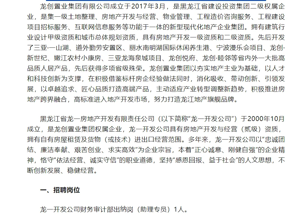 国企招聘！龙创置业集团有限公司招聘公告