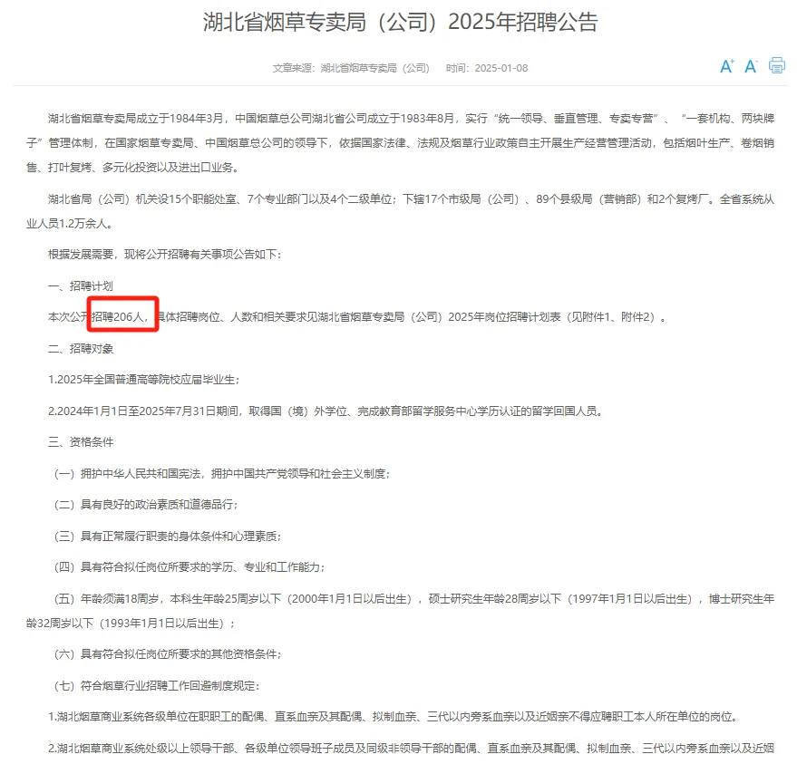 湖北烟草出了！招206人
