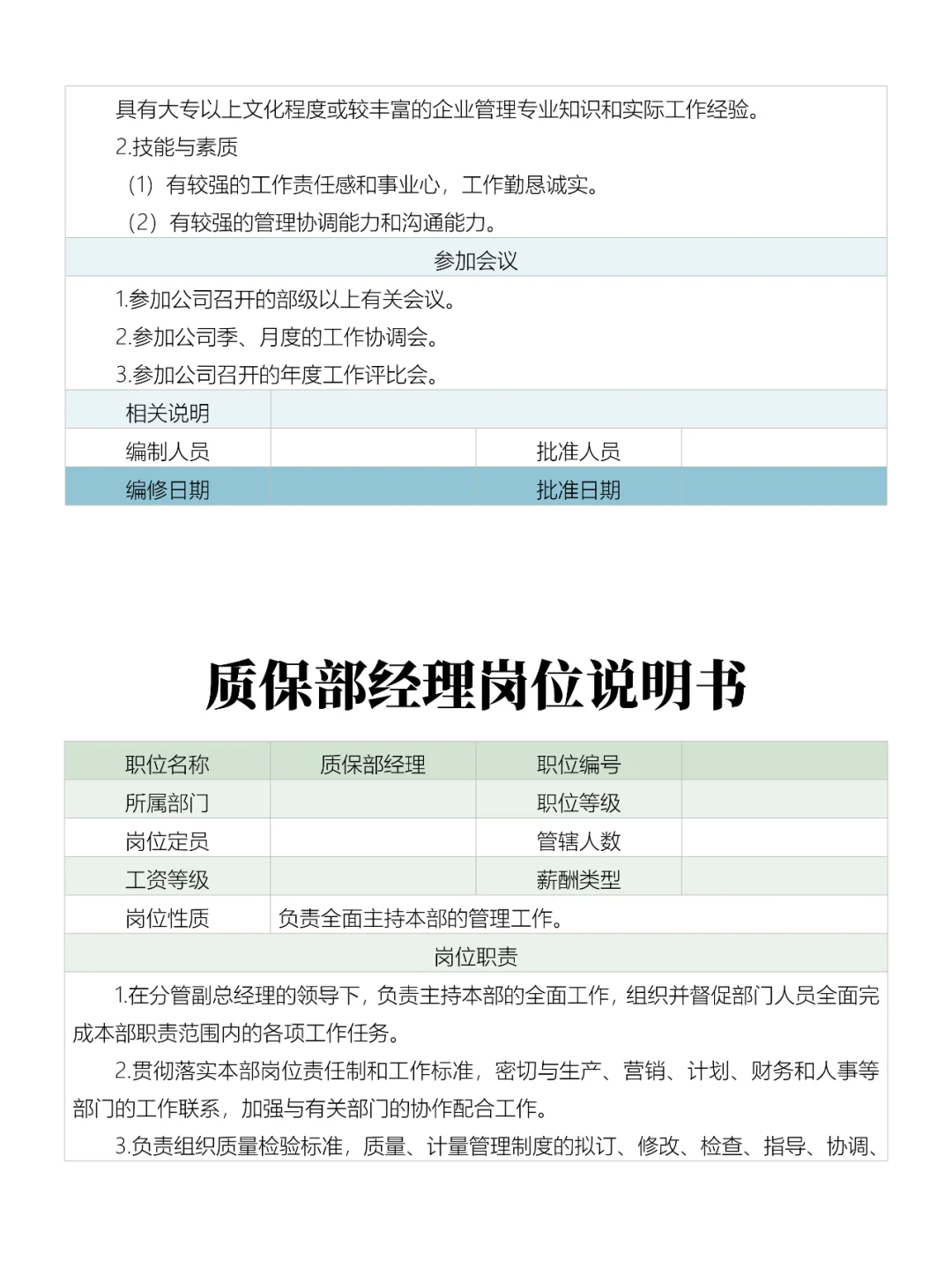 企业发展部、质保部经理岗位说明书