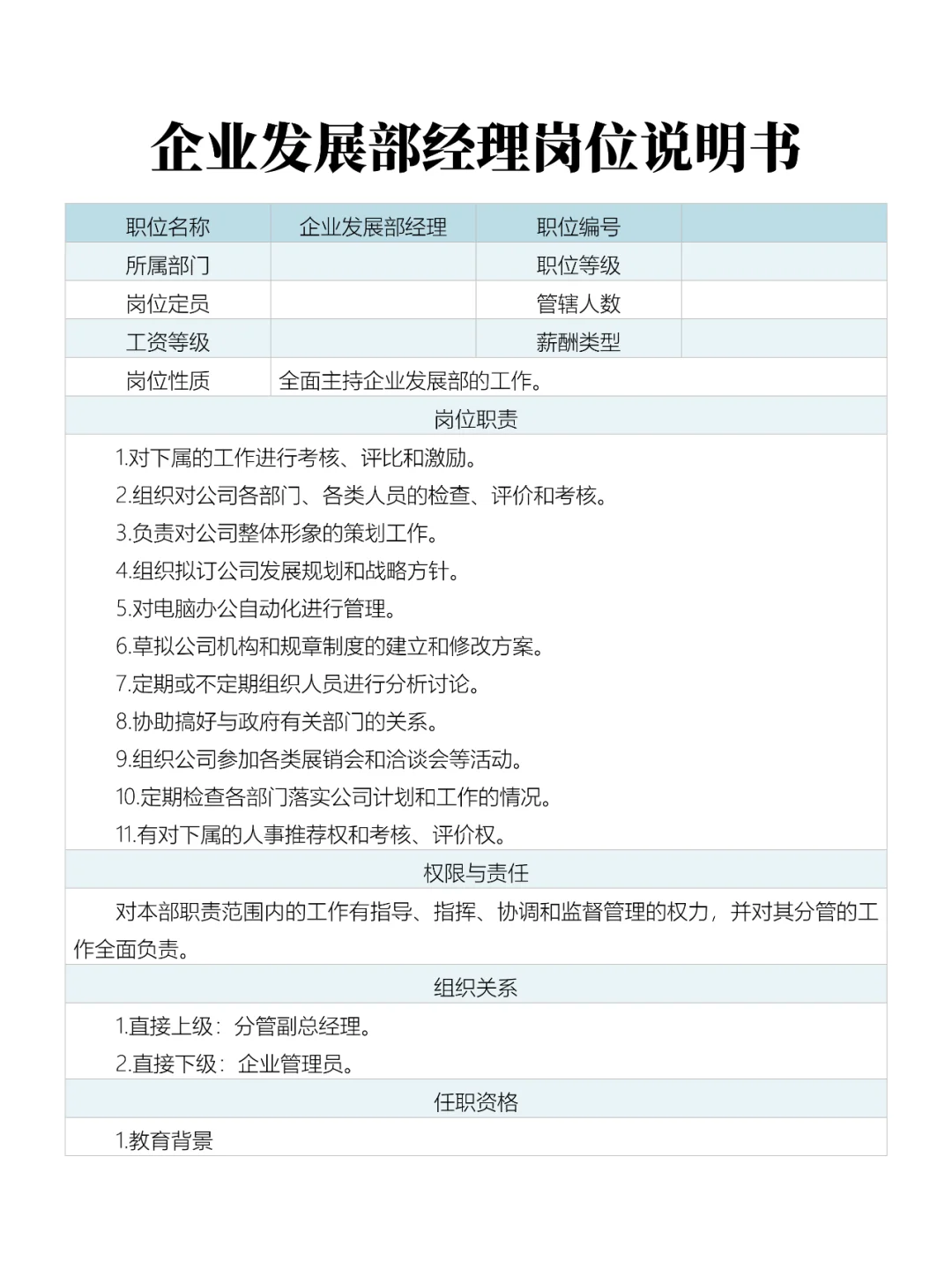 企业发展部、质保部经理岗位说明书