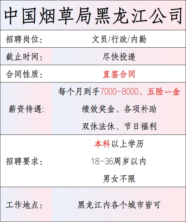 中国烟草局黑龙江公司，周末双休