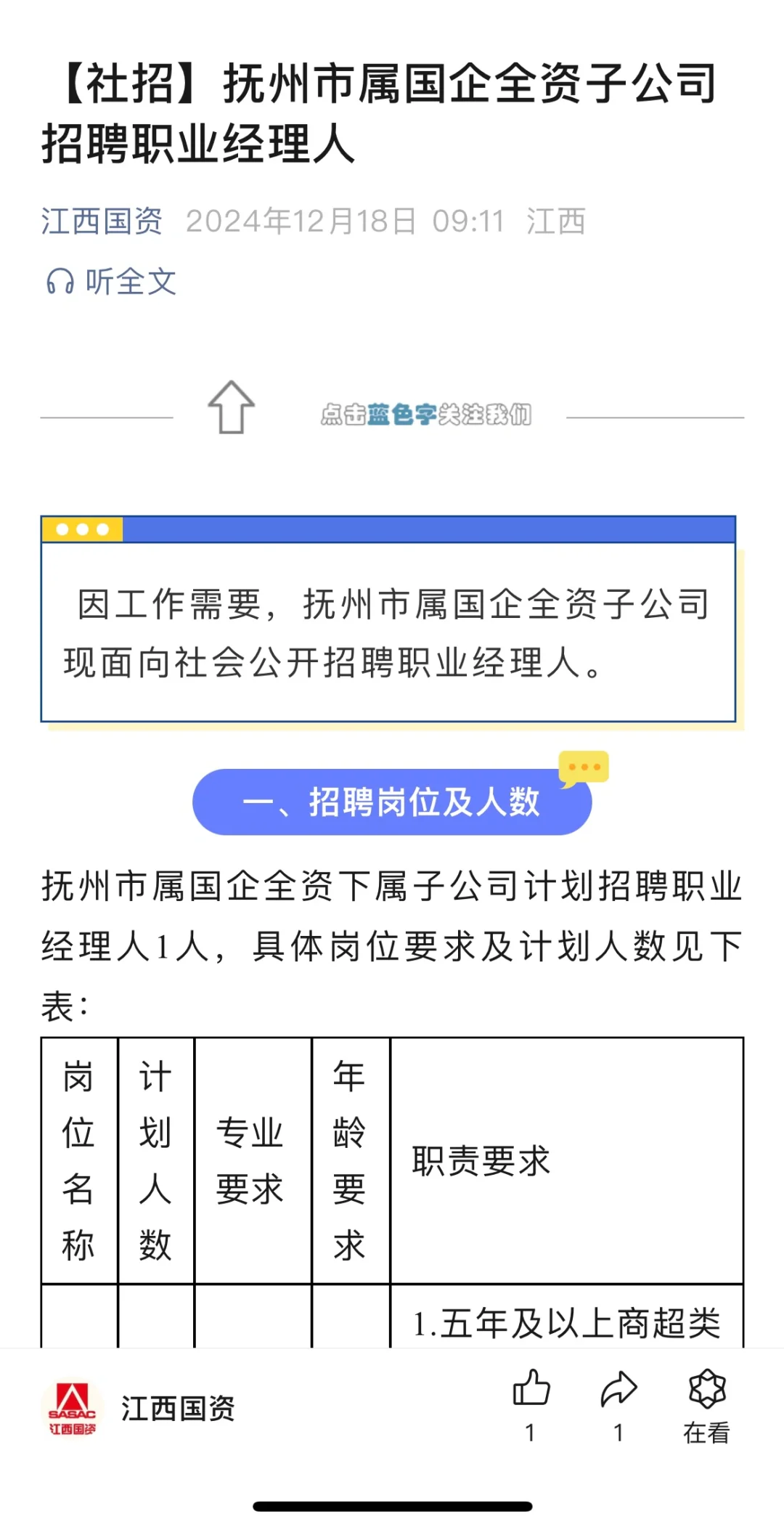 抚州市属国企全资子公司招聘职业经理人