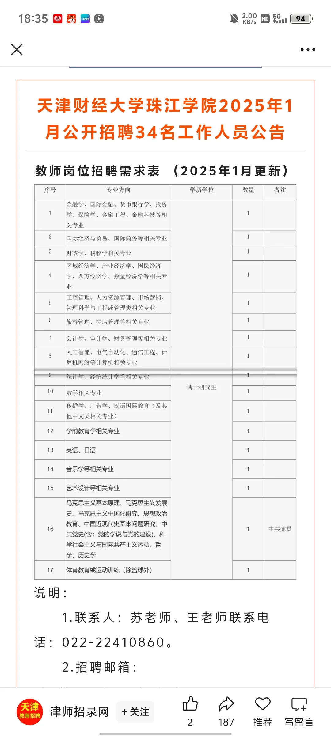 天津财经大学珠江学院2025年1月公开招聘34