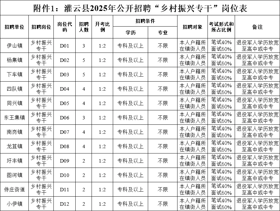25灌云招聘乡村振兴专干40人