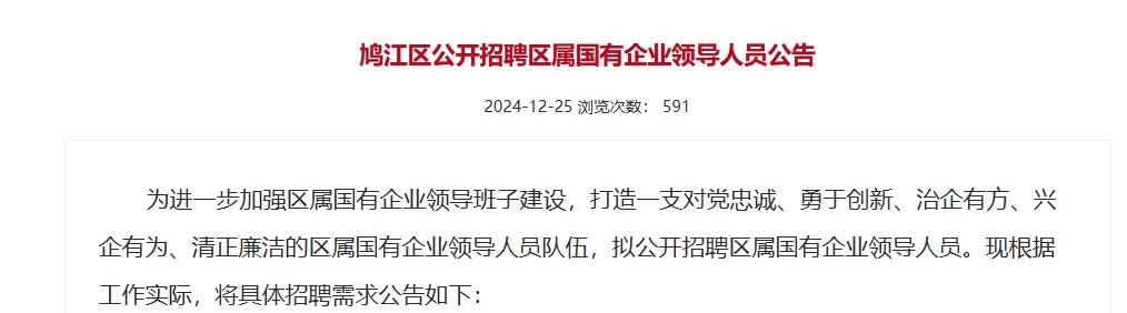 鸠江区公开招聘区属国有企业领导人8名