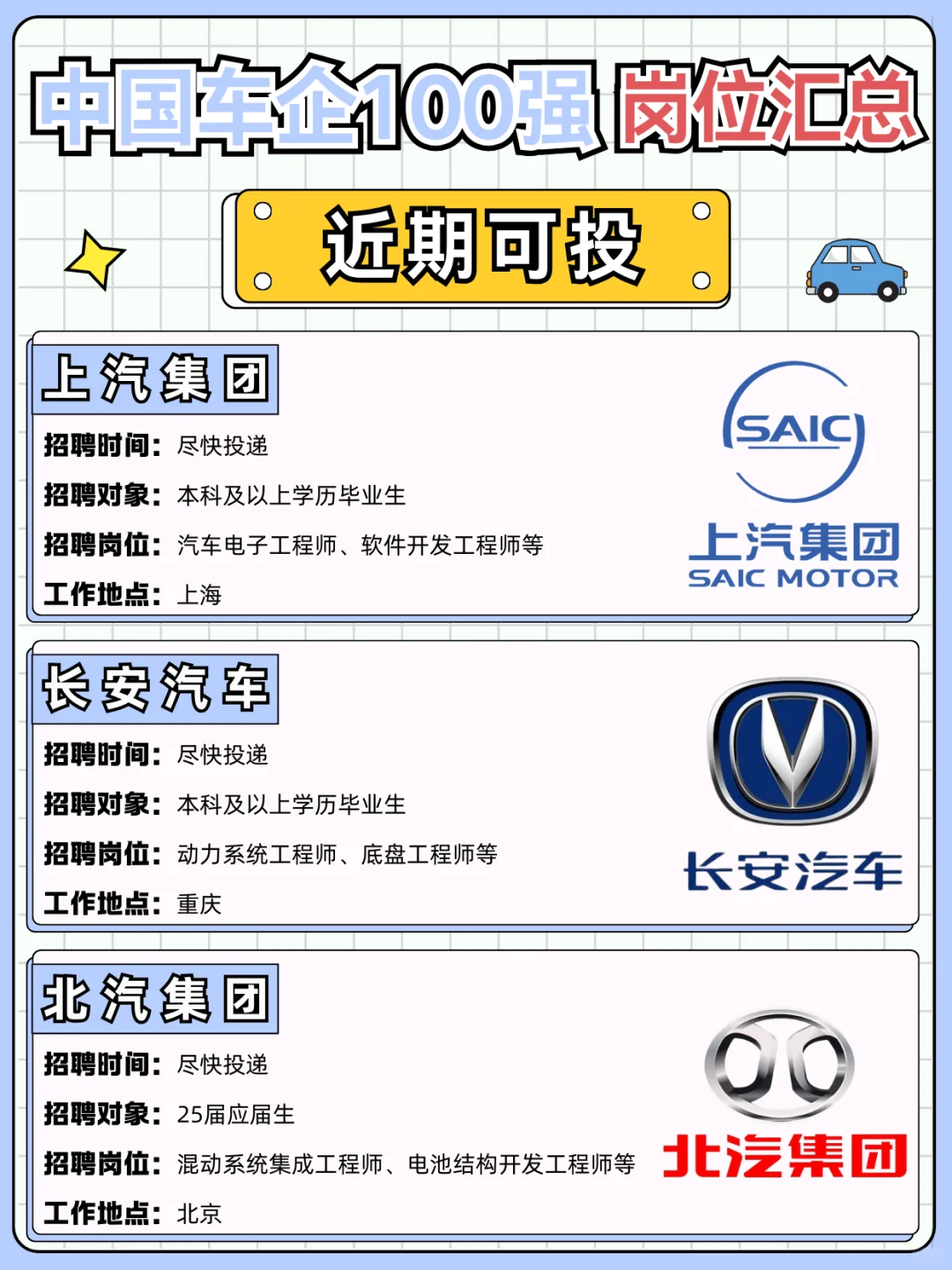 中国车企100强岗位汇总 | 尽快投递🔥！