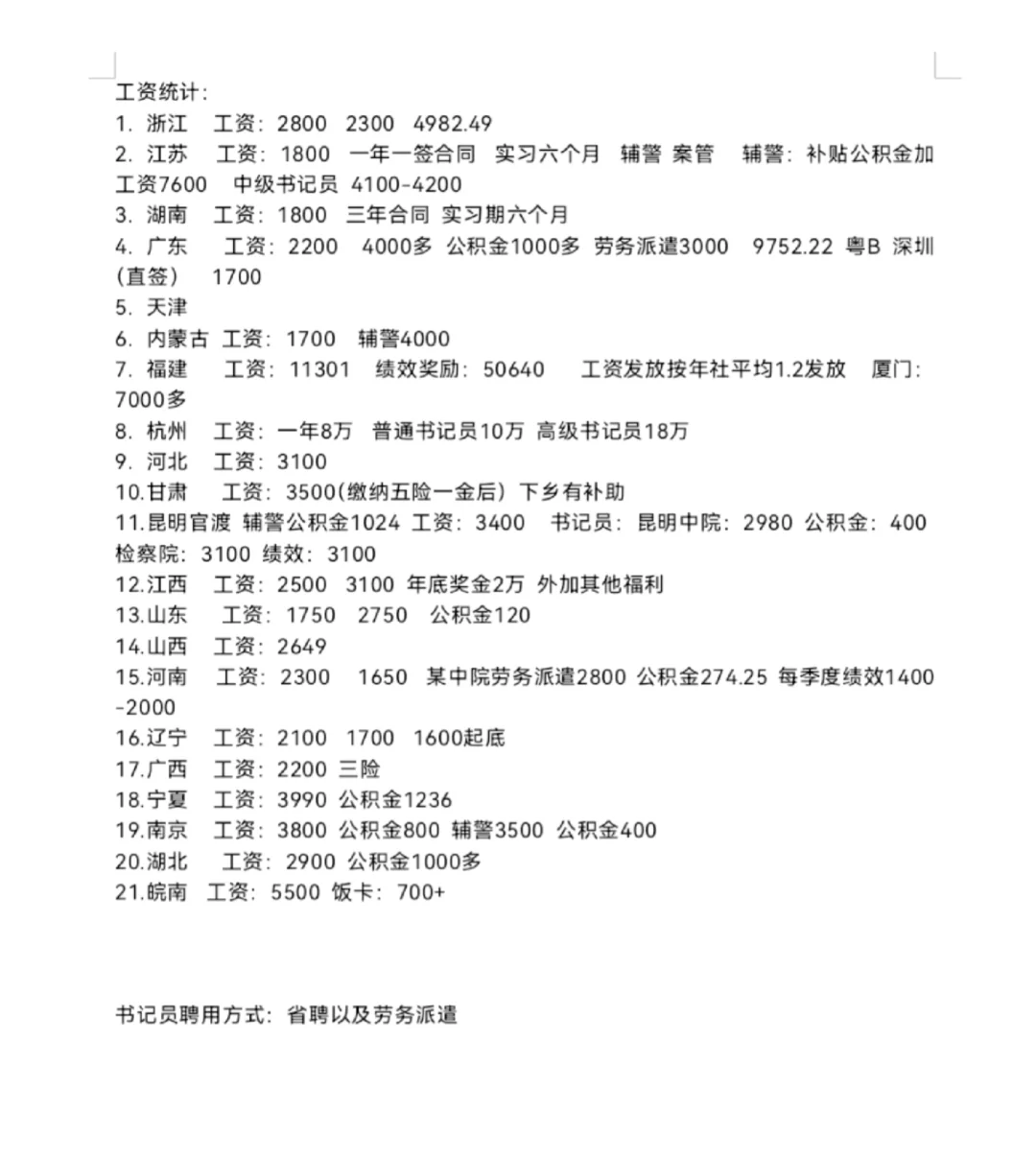 书记员工资粗略统计（据上一个帖子而来）
