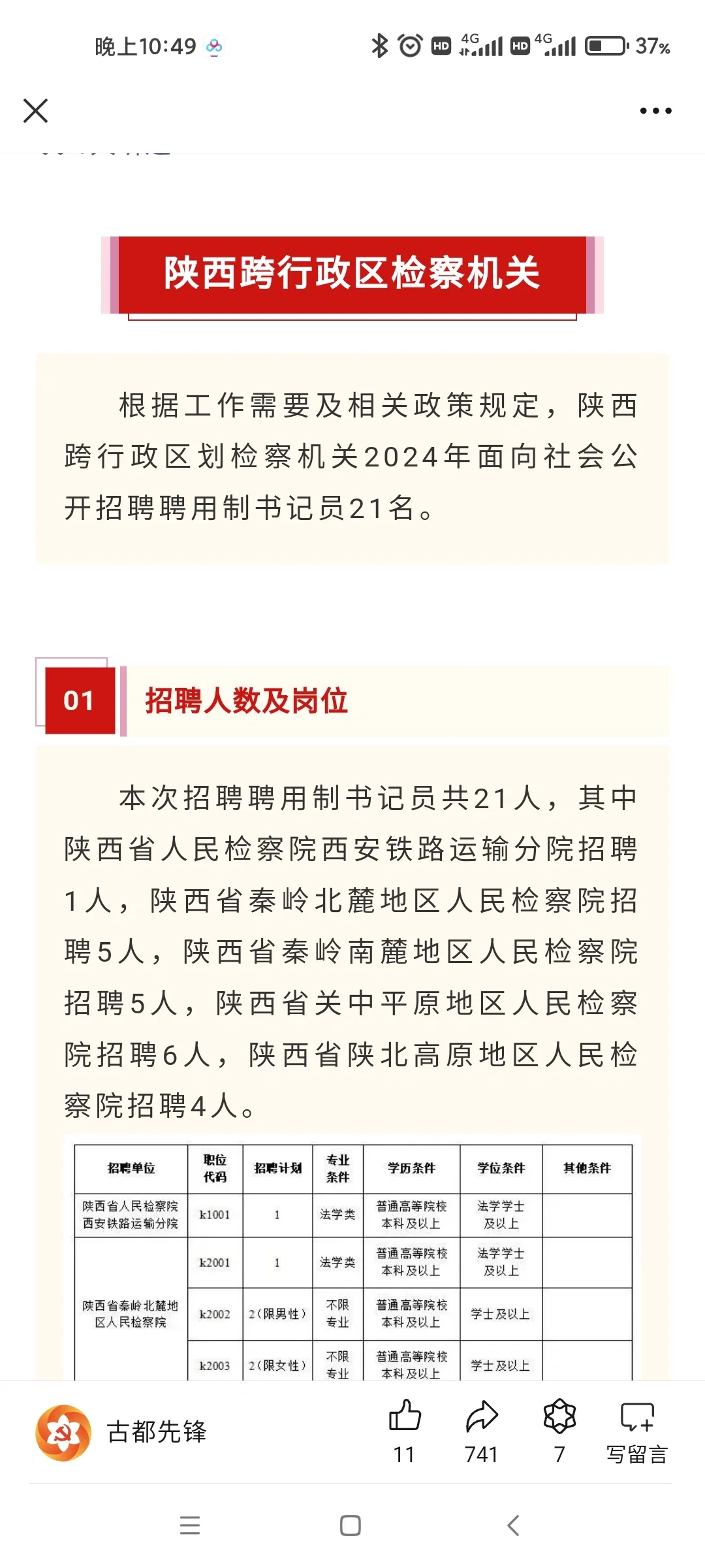 【公告】陕西检察机关招聘书记员21人
