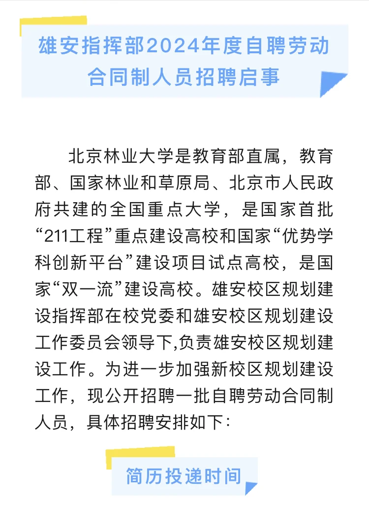 雄安指挥部2024年度自聘劳动合同制人员招聘