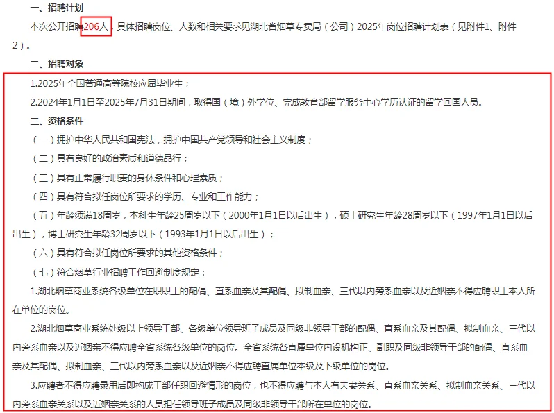 25年湖北省烟草专卖局（公司）招聘206人