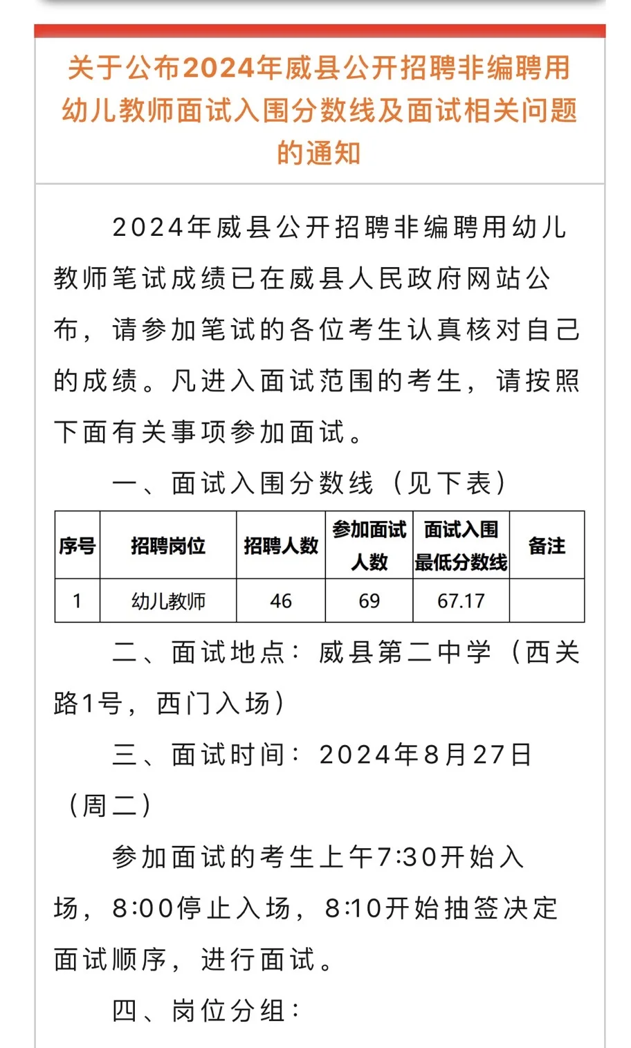 威县幼儿教师招聘入围分数及年轻通知